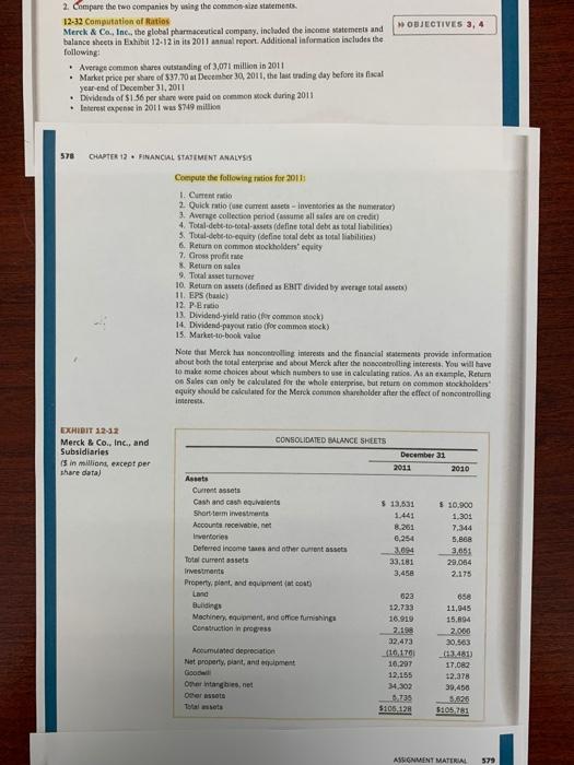 Problem 12-32 Merck & Co., Inc. ratios OBJECTIVES 3, 4 2. Compare