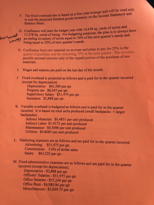 Statement of cash flows. Thanks Comprehensive Budget Project 2a Confluence Backpacks Manufacturing