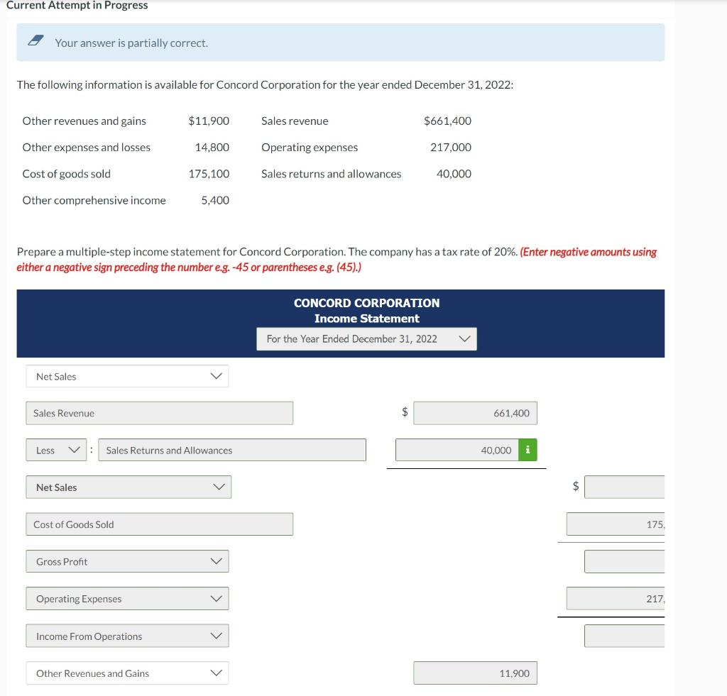  Current Attempt in Progress Your answer is partially correct. The following