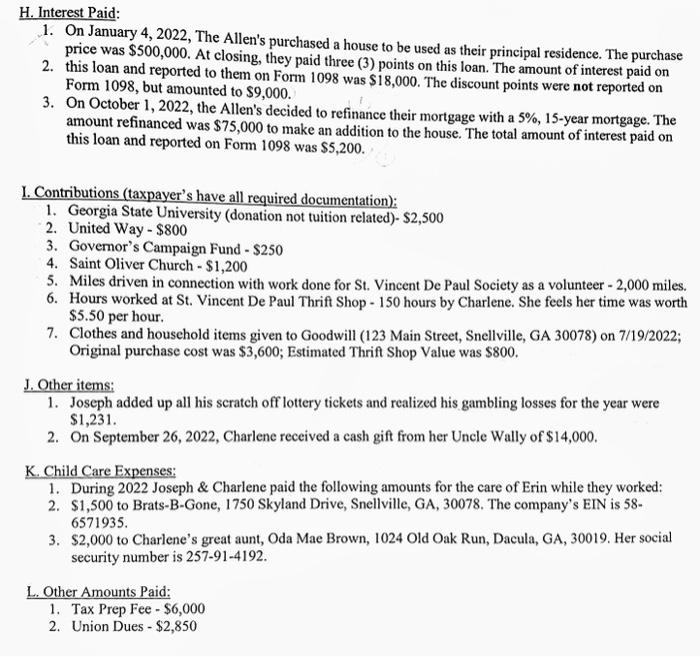 1. Taxpayer: Joseph Allen 278-43-8249 Age 66 at 12/31/2022 CPA 2. Spouse: