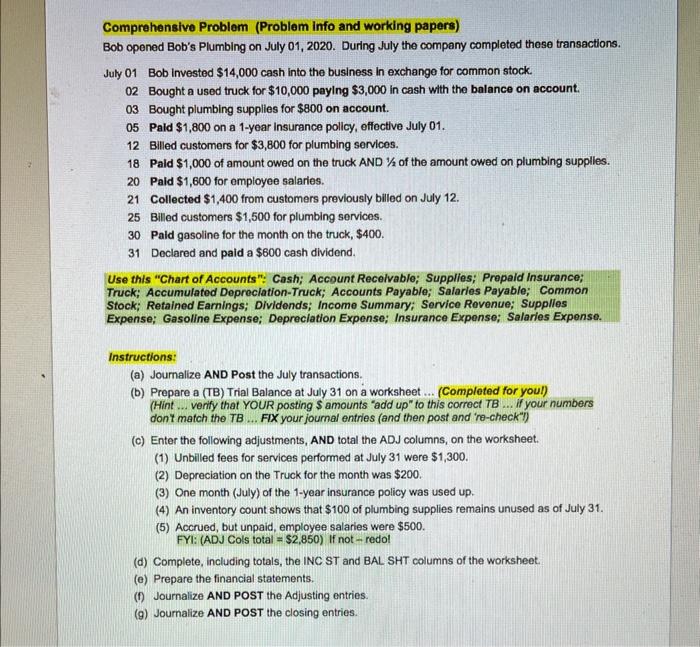  Comprehensive Problem (Problem info and working papers) Bob opened Bob's Plumbing