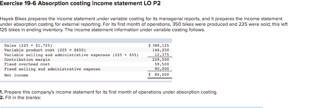 fill in missing answer please Exercise 19-6 Absorption costing income statement