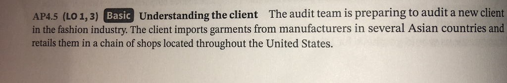  Basic Understanding the client The audit team is preparing to audit