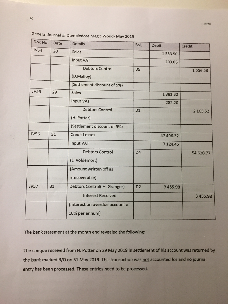 account of H. Potter in the debtors ledger of Dumbledore Magic World