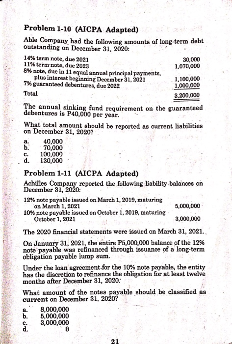 solve and show your solution Problem 1-10 (AICPA Adapted) Able Company had