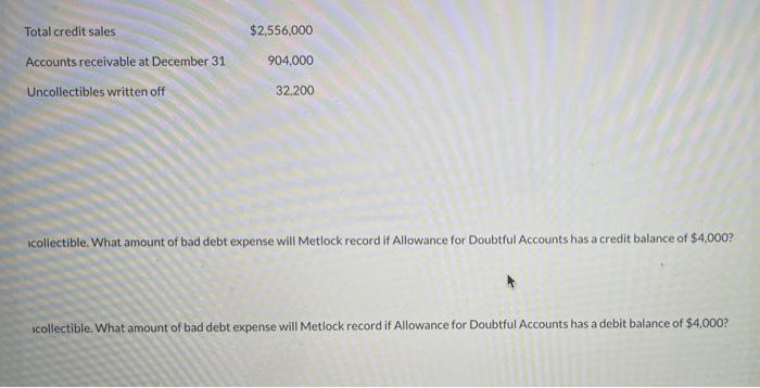 is information related to Metlock Company for 2022. Total credit sales $2,556,000