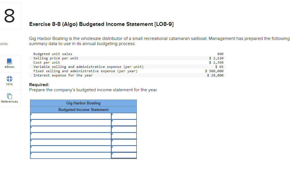  Exercise 8-8(Algo) Budgeted Income Statement [LO8-9] Gig Harbor Boating is the