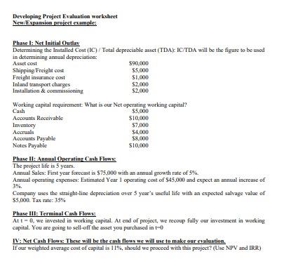  Developing Project Evaluation worksheet New/Expansion project example: Phasel: Net Initial Outlay