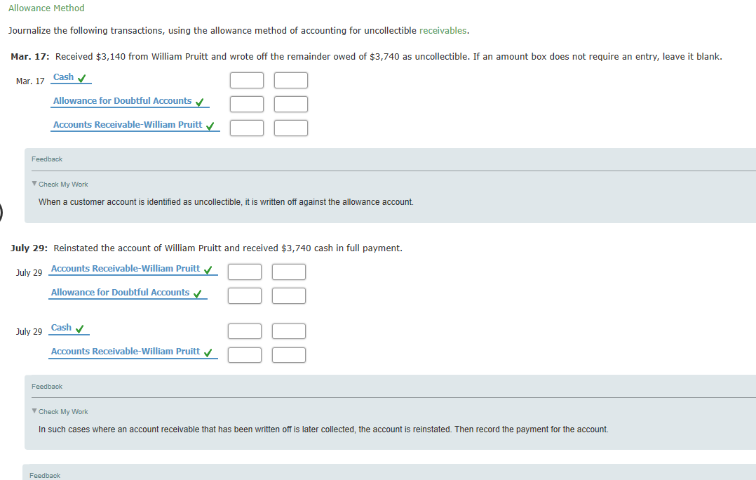 Allowance Method Journalize the following transactions, using the allowance method of