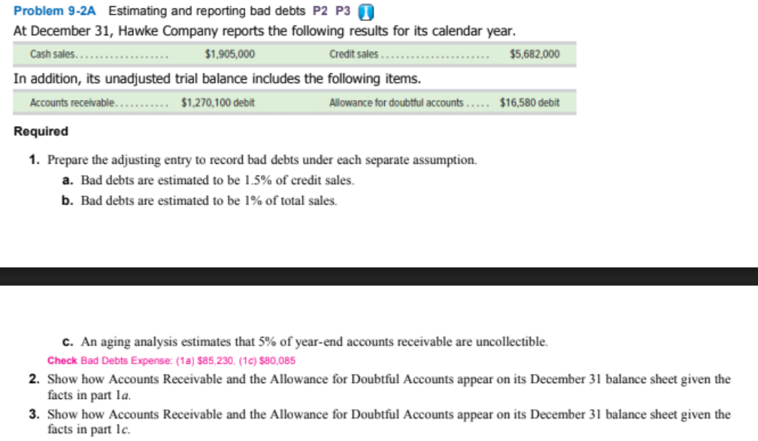 Problem 9-2A Estimating and reporting bad debts P2 P3 At December
