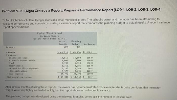  Problem 9-20 (Algo) Critique a Report: Prepare a Performance Report (LO9-1,