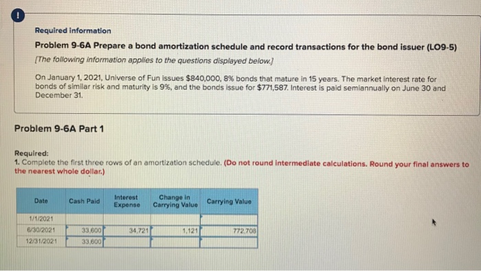  0 Required information Problem 9-6A Prepare a bond amortization schedule and