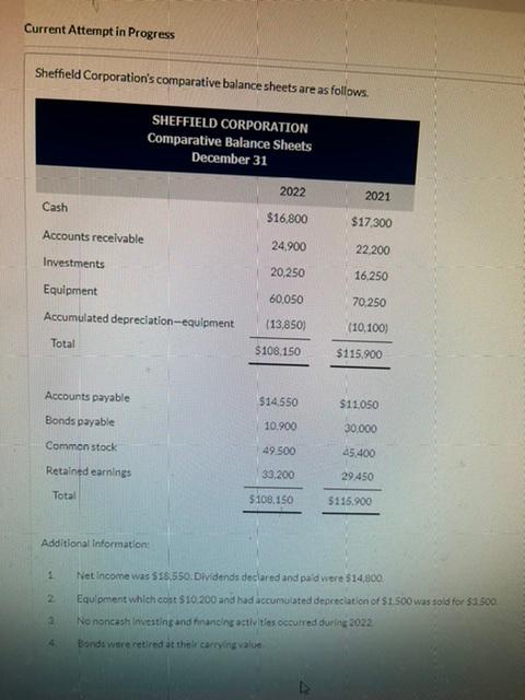 Current Attempt in Progress Sheffield Corporation's comparative balance sheets are ac