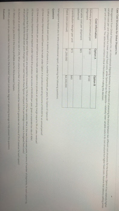 Inc, an international shipping business, is in the process of assessing the