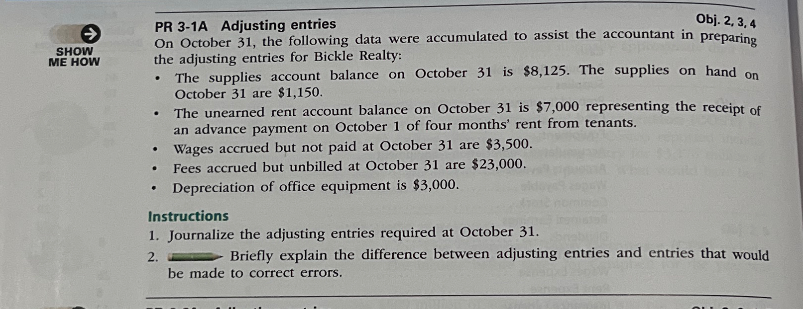  PR 3-1A Adjusting entries Obj. 2,3,4 On October 31, the following