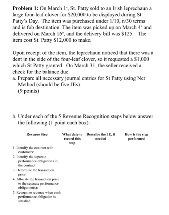 please help! due soon Problem 1: On March 1, St. Patty sold