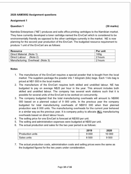  2020 AAM3692 Assignment questions Assignment 1 Question 1 (30 marks) Namibia