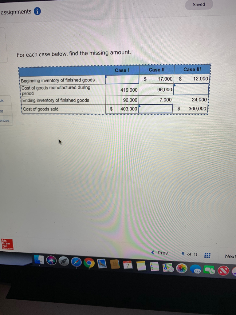  Saved assignments For each case below, find the missing amount. Case
