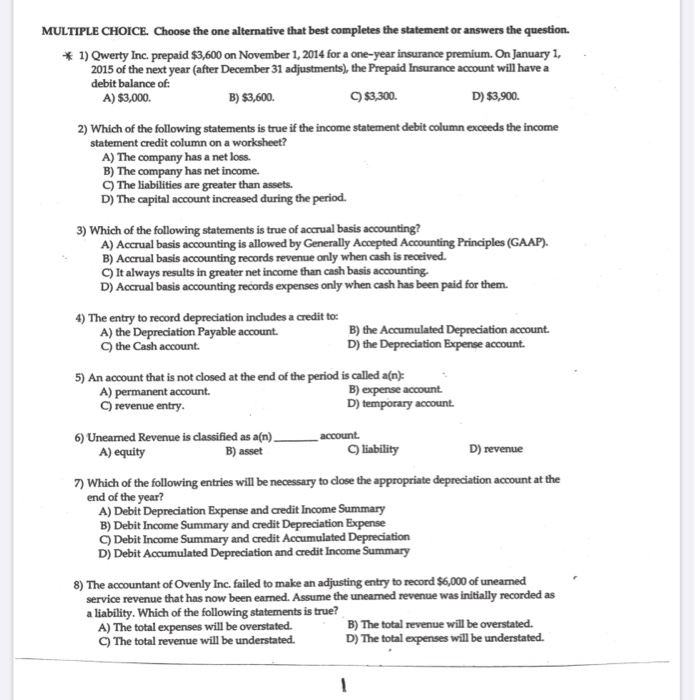  . MULTIPLE CHOICE. Choose the one alternative that best completes the