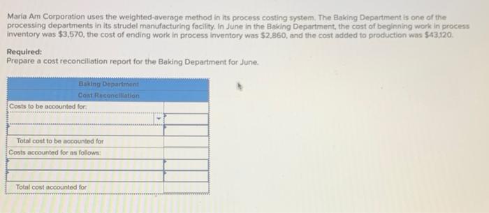  Maria Am Corporation uses the weighted-average method in its process costing