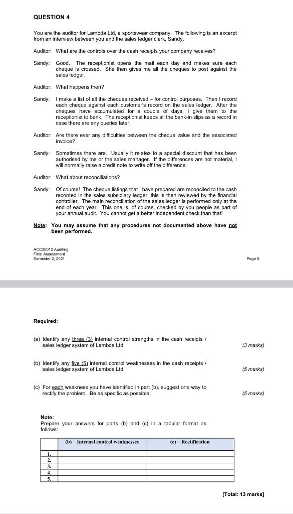  QUESTION 4 You are the auditor for Lambda Ltd, a sportswear