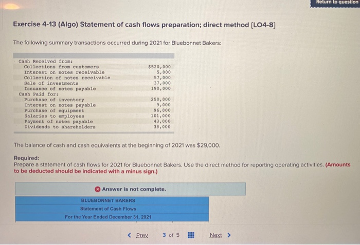  please correct Return to question Exercise 4-13 (Algo) Statement of cash