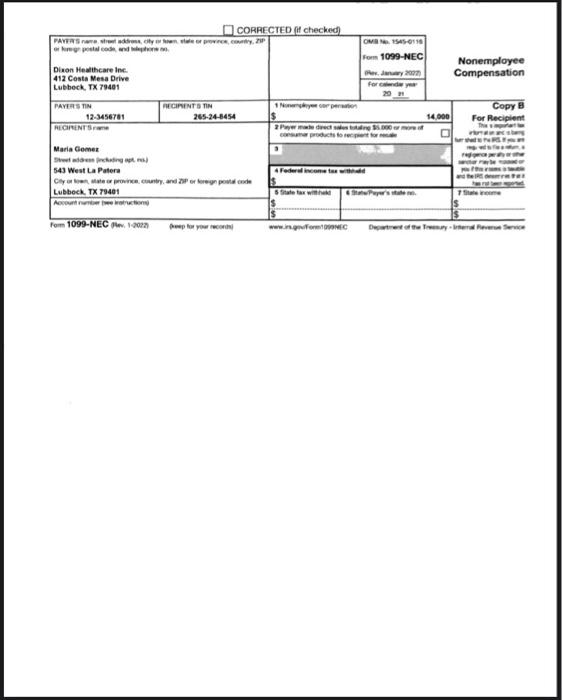 Maria received a Form 1099-NEC for her bookkeeping services performed for her