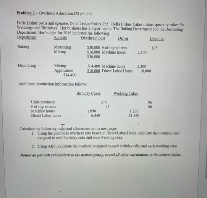  Problem 2 - Overhead Allocation (24 points) Della Lishus owns and