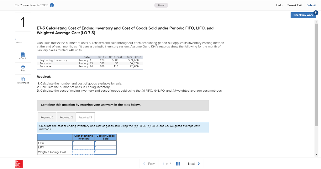  Ch. 7 Inventory & COGS Help Save & Exit Submit Check