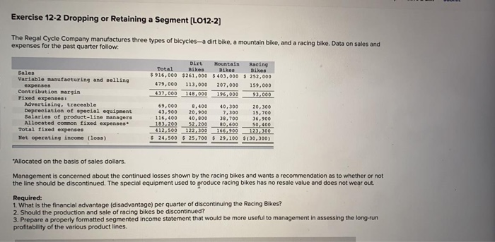  Exercise 12-2 Dropping or Retaining a Segment (L012-2] The Regal Cycle