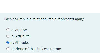  Each column in a relational table represents a (an): O a.