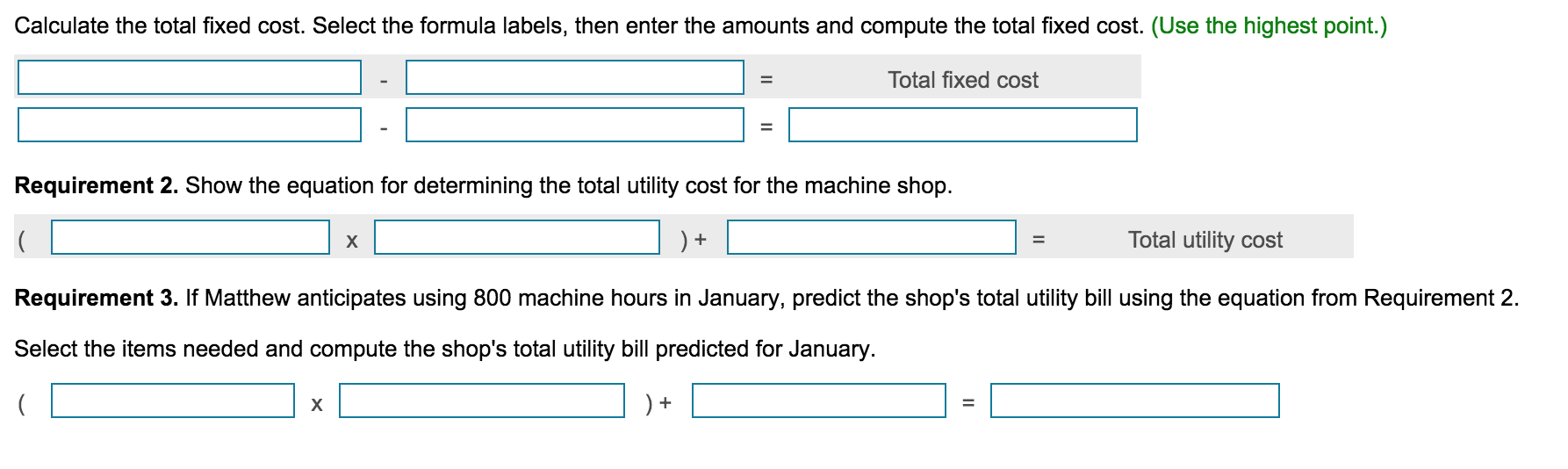 the equation for determining the total utility cost for the machine shop.