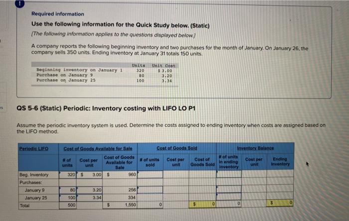  Required information Use the following information for the Quick Study below.