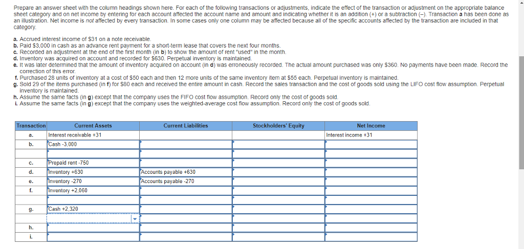  Prepare an answer sheet with the column headings shown here. For