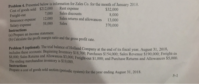  Problem 4. Presented below is information for Zales Co. for the