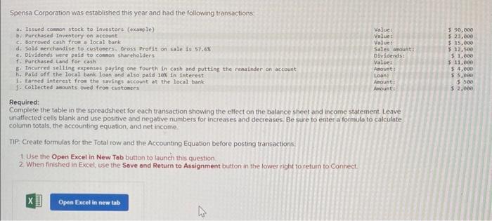  Required: Complete the table in the spreadsheet for each transaction showing