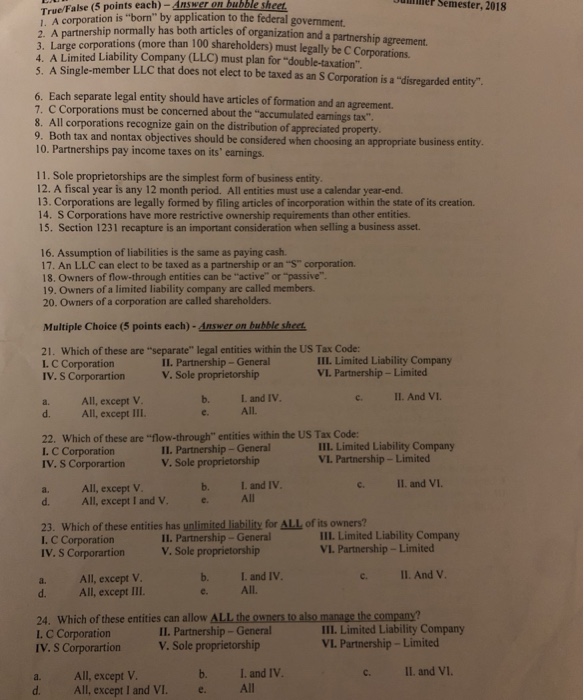  Teuc/False (5 points each)-Answer on bubble sheet ullnner Semester, 2018 ion