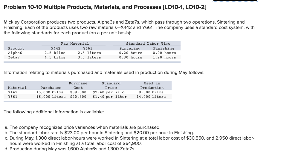  Problem 10-10 Multiple Products, Materials, and Processes (LO10-1, LO10-2] Mickley Corporation