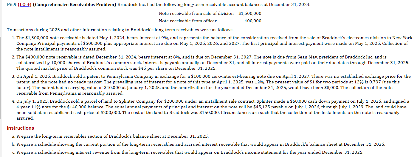  P6.9 ( LO4 ) (Comprehensive Receivables Problem) Braddock Inc. had the