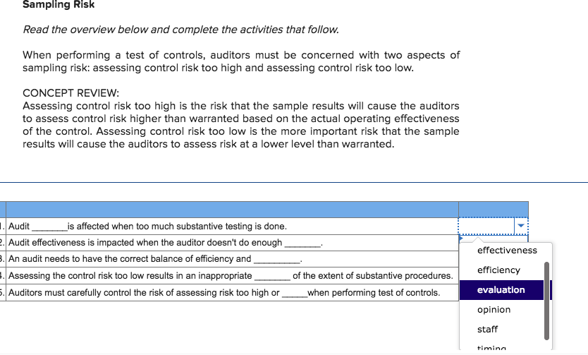 The last option is timing. Sampling Risk Read the overview below