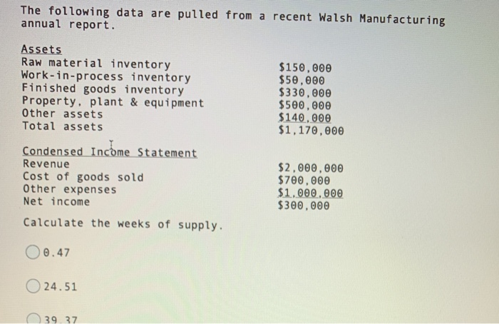  The following data are pulled from a recent Walsh Manufacturing annual