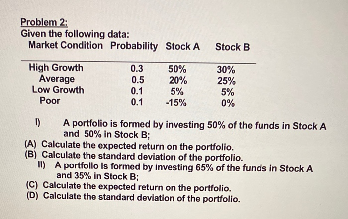  Problem 2: Given the following data: Market Condition Probability Stock A