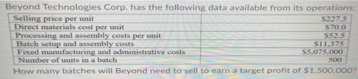  Beyond Technologies Corp. has the following data available from its operations: