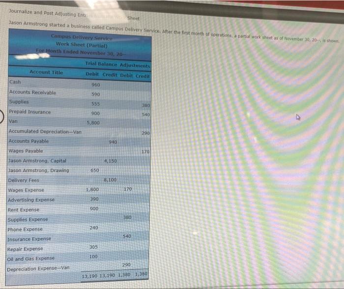  Journalize and Post Adjusting Entert Sheet Jason Armstrong started a business