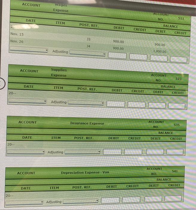 Work Sheet (Partial) For Month Ended November 30, 20 Trial Balance Adjustments