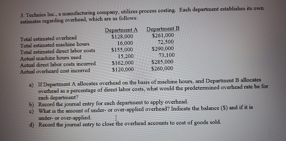 3. Technics Inc., a manufacturing company, utilizes process costing. Each department