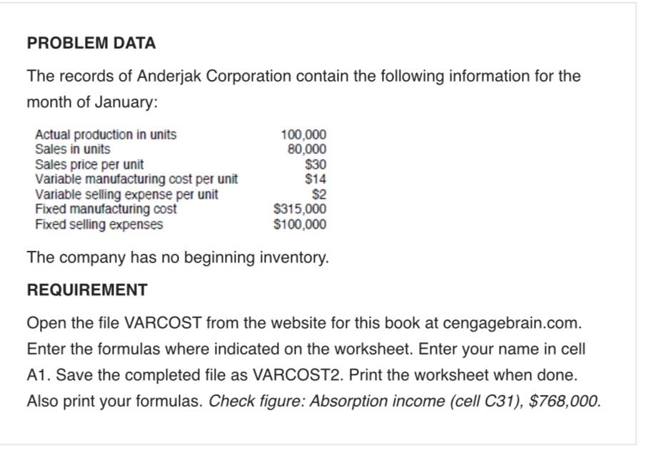 Please show the formulas not just the amount. PROBLEM DATA The records