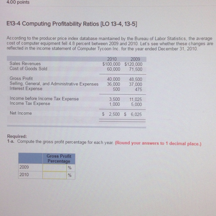  4.00 points E13-4 Computing Profitability Ratios LO 13-4, 13-5] According to