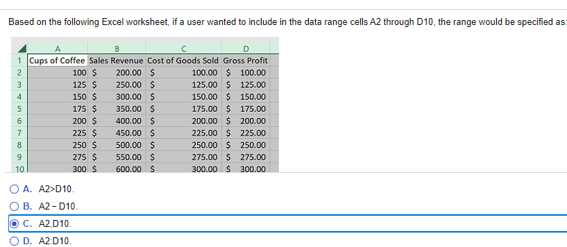 Based on the following Excel worksheet, if a user wanted to