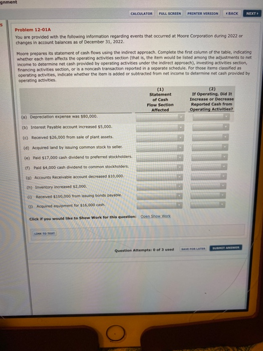  gnment CALCULATOR FULL SCREEN PRINTER VERSION BACK NEXT Problem 12-01A You